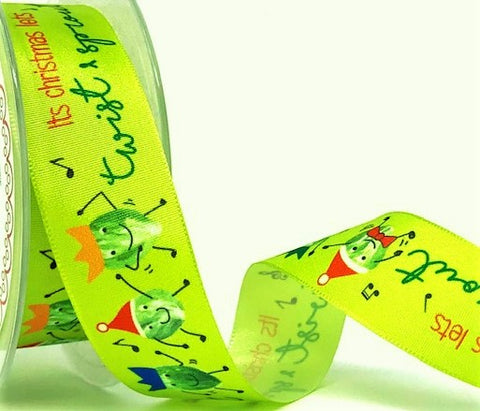 R9308 27mm Green Christmas Printed Taffeta Ribbon. Twist & Sprout