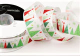 R9311 27mm Natural White Christmas Printed Taffeta Ribbon. Festive Trees