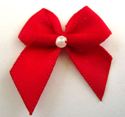RB102 Red 10mm Satin Ribbon Bow with a Centre Pearl, Berisfords