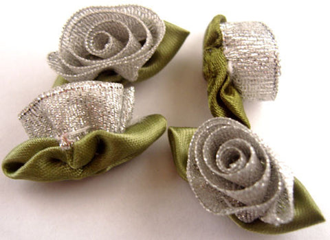 RB216 32mm Metallic Silver and Satin Ribbon Rose - Ribbonmoon