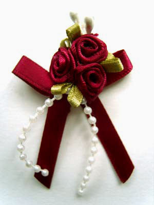 RB387 Burgundy Satin Rose Bows with Ribbon and Pearl Trim Decoration.