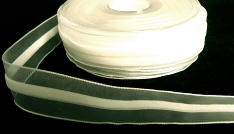 R6433 23mm Bridal White Sheer Ribbon with a 6mm Centre Velvet Stripe - Ribbonmoon