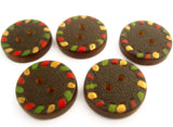 B14106 18mm Brown,Red,Green,Gold Wood 2 Hole Button,Leather Effect