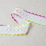 L522 35mm White and Mixed Colour Fiesta Eyelet or Knitting In Flat Lace