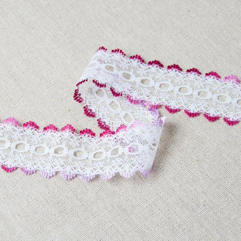 L525 35mm White and Mixed Hot Pinks Eyelet or Knitting In Flat Lace