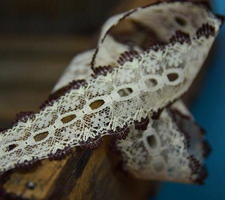 L359 35mm Cream and Brown Flat Knitting in or Eyelet Lace