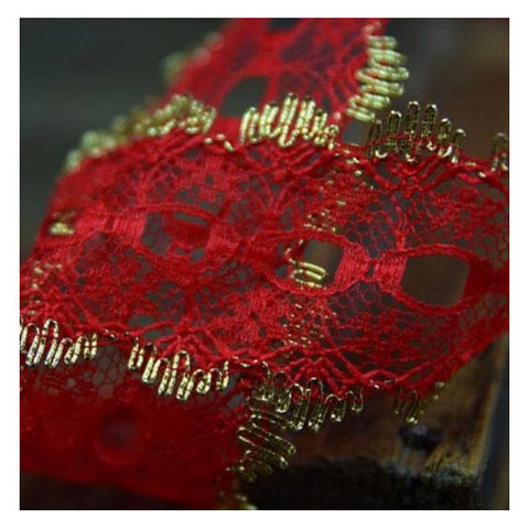 L256 35mm Red and Gold Eyelet or Knitting In Lace