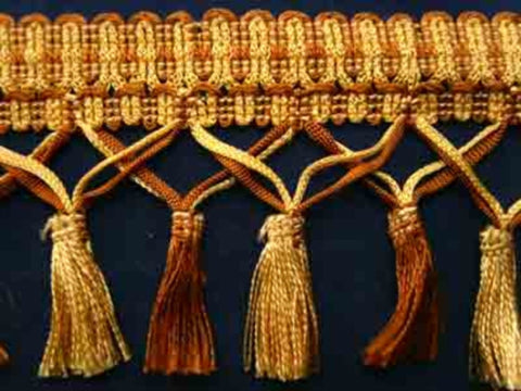 FT899 95mm Butter Gold and Brown Tassel Fringe on a Decorated Braid - Ribbonmoon