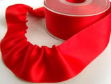 R7570 40mm Poppy Red Double Satin Ribbon with a Gather Stitch Edge - Ribbonmoon