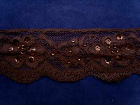 L371 6cm Misty Dark Brown Elasticated Lace with Sequins and Beads - Ribbonmoon