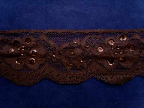 L371 6cm Misty Dark Brown Elasticated Lace with Sequins and Beads - Ribbonmoon