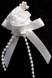 RB380 White Satin Bow with Ribbon and Pearl Bead Trim Decoration.