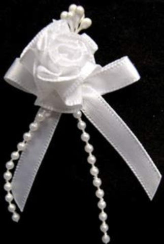 RB380 White Satin Bow with Ribbon and Pearl Bead Trim Decoration.