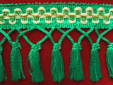 FT869 95mm Green, Cream and Gold Tassel Fringe on a Decorated Braid - Ribbonmoon
