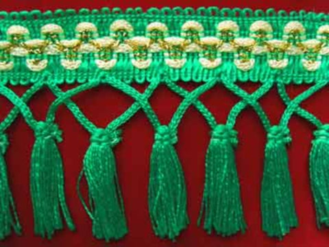 FT869 95mm Green, Cream and Gold Tassel Fringe on a Decorated Braid - Ribbonmoon