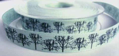 R7283 15mm Petrol Rustic Taffeta Ribbon, Printed Black Woodland Design - Ribbonmoon