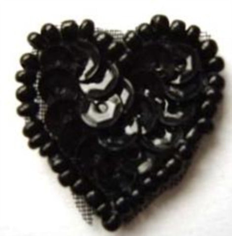 22mm X&nbsp;24mm Black&nbsp;Love Heart Motif Decorated with Beads and Sequins