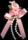 RB388 Pink Satin Rose Bow Buds with Ribbon and Pearl Bead Trim Decoration