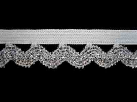 E052 14mm, Metallic Silver Ric Rac Braid on a White Elastic. - Ribbonmoon