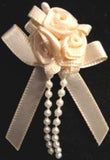 RB468 Cream Satin Rose Bow Buds with Ribbon and Pearl Bead Trim Decoration