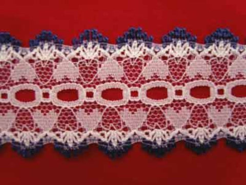 L380 35mm White and Navy Knitting in or Eyelet Lace - Ribbonmoon