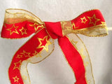 R6423 40mm Red and Metallic Mesh Ribbon with a Gold Star Print. Wire Edge - Ribbonmoon