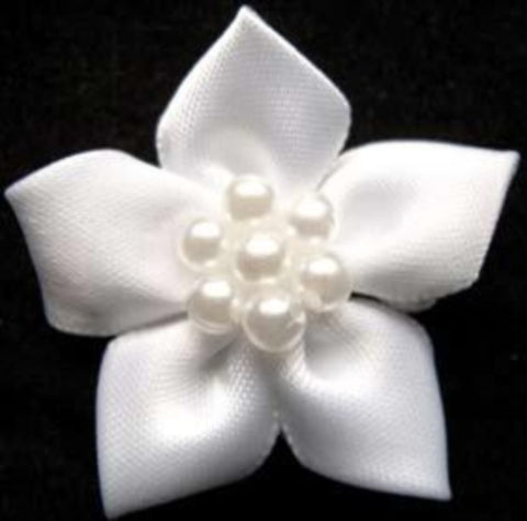 RB338 White Satin 5 Petal Poinsettia with Pearl Beads - Ribbonmoon