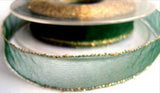 R6867 16mm Hunter Green Sheer Ribbon with Metallic Gold Tinsel Borders - Ribbonmoon