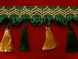 FT486 9cm Honey Gold and Forest Green Tassel Fringe on a Decorated Braid - Ribbonmoon