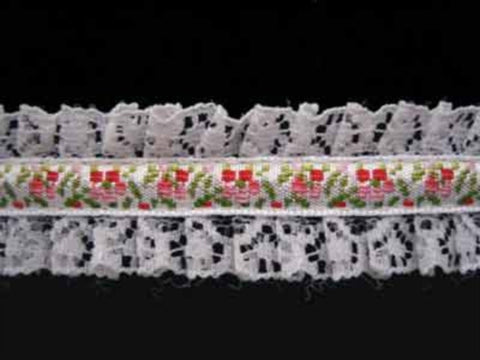 L028L 23mm Woven Jacquard Ribbon over a White Gathered Lace
