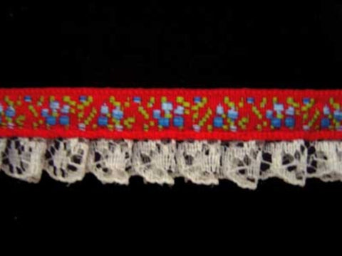 L038 15mm Frilled Natural Lace on a Red Woven Jacquard - Ribbonmoon