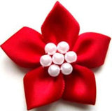 RB340 Red Satin 5 Petal Poinsettia with Pearl Beads - Ribbonmoon