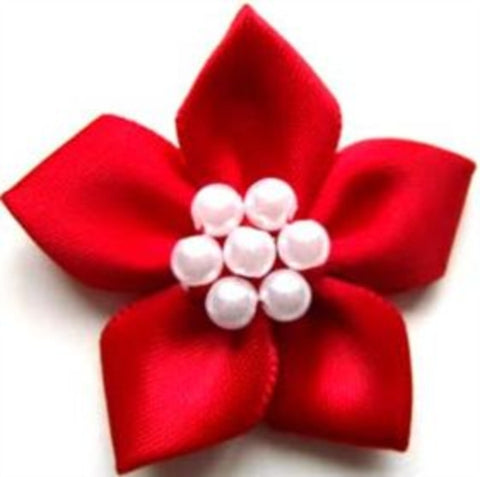 RB340 Red Satin 5 Petal Poinsettia with Pearl Beads - Ribbonmoon