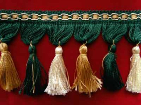 FT531 105mm Greens,Honey Gold and Cream Tassel Fringe on a Decorated Braid - Ribbonmoon