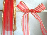 R2146 27mm Red Sheer Striped Ribbon with Metallic Gold Borders. Wire Edge - Ribbonmoon