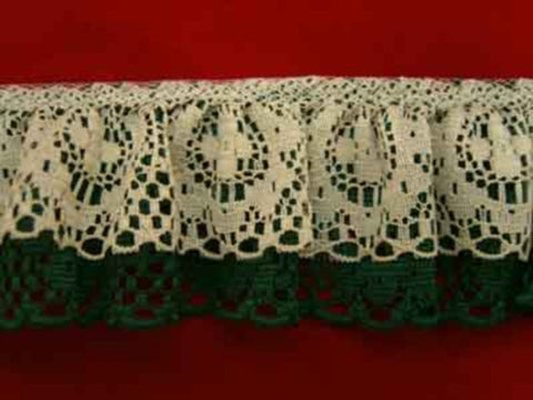 L081 5cm Holly Green and Natural Lightly Frilled Double Polyester Lace - Ribbonmoon