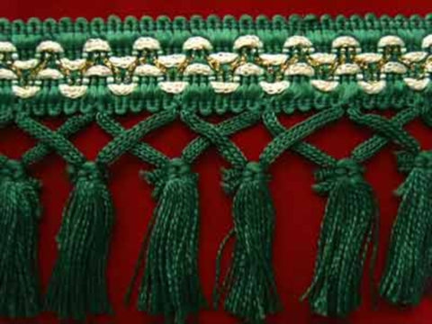 FT868 95mm Green,Cream and Gold Tassel Fringe on a Decorated Braid - Ribbonmoon