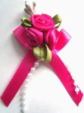 RB389 Shocking Pink Satin Rose Bow Buds with Ribbon and Pearl Bead Trim 