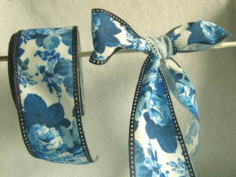 R5306L 47mm Blues and White Flowery Design Ribbon, Enforced Wire Edges