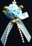 RB369 Pale Blue Satin Rose Bows with Ribbon and Pearl Trim Decoration.