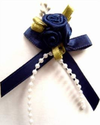 RB395 Navy Satin Rose Bow Buds with Ribbon and Pearl Bead Trim Decoration