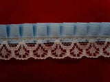 L210 18mm, Ivory Lace on a Gathered Sky Blue Satin - Ribbonmoon