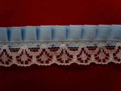 L210 18mm, Ivory Lace on a Gathered Sky Blue Satin - Ribbonmoon