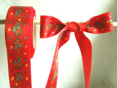 R2996L 25mm Red Satin Ribbon with a Paisely Printed Design