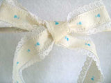 R1735 34mm White and Turquoise Blue Cotton and Lace Love Heart Ribbon - Ribbonmoon