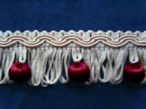 FT477 31mm Cream Looped Fringe with Burgundy Satin Sheen Bobbles