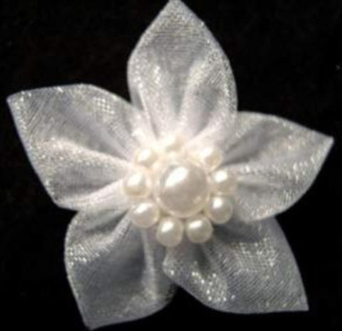 RB463 White Sheer Poinsettia Ribbon Bow with Pearl Beads