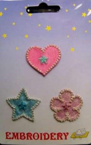 M384 3 x Iron or Sew on Motifs. Love Heart-Star-Flower Designs