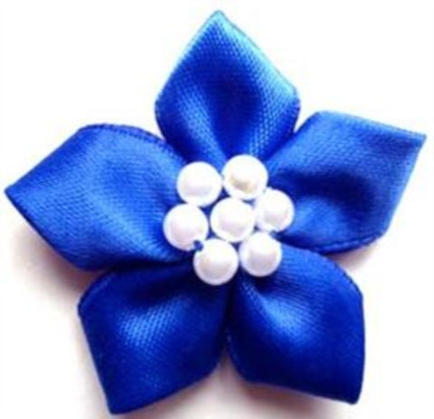 RB343 Royal Blue Satin 5 Petal Poinsettia with Pearl Beads - Ribbonmoon