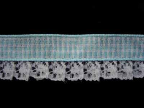 L033 18mm, White Lace on a Blue Gingham Ribbon - Ribbonmoon